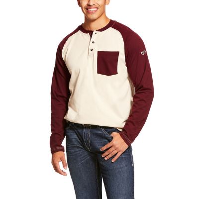 Ariat Work: FR Baseball Henley Hombre - Beige / Burdeos (CSFYG6281)